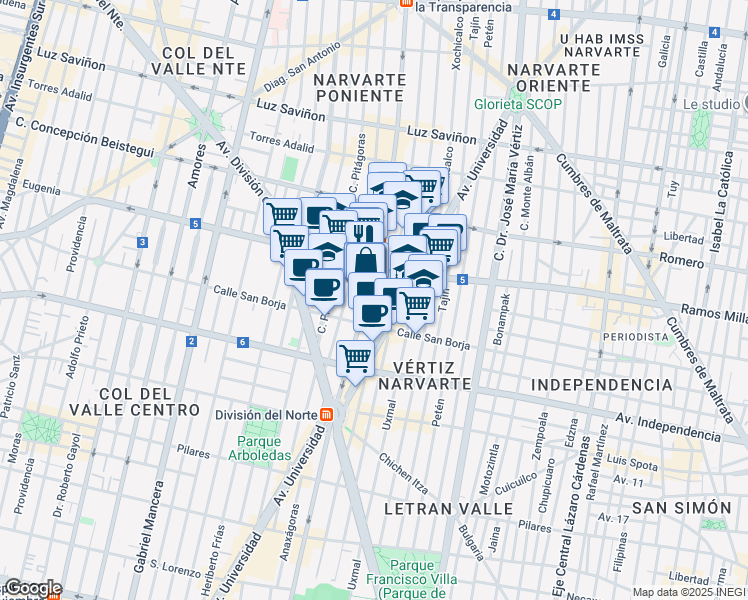 map of restaurants, bars, coffee shops, grocery stores, and more near 968 Avenida Cuauhtémoc in Ciudad de México