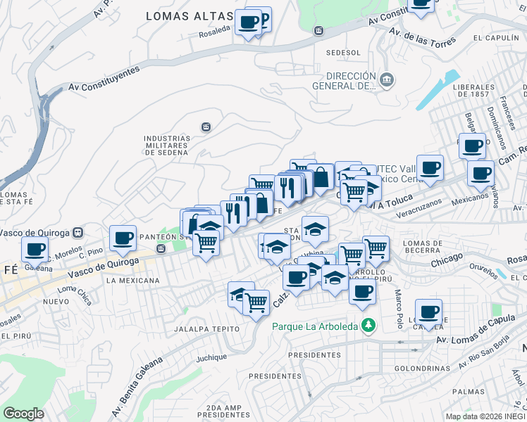 map of restaurants, bars, coffee shops, grocery stores, and more near in Mexico City