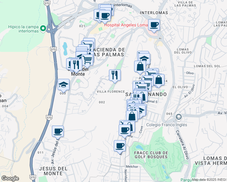 map of restaurants, bars, coffee shops, grocery stores, and more near Hacienda el Ciervo in Jesús del Monte