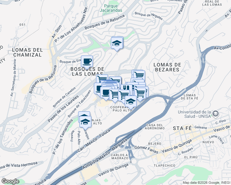 map of restaurants, bars, coffee shops, grocery stores, and more near 400B Paseo de los Tamarindos in Ciudad de México