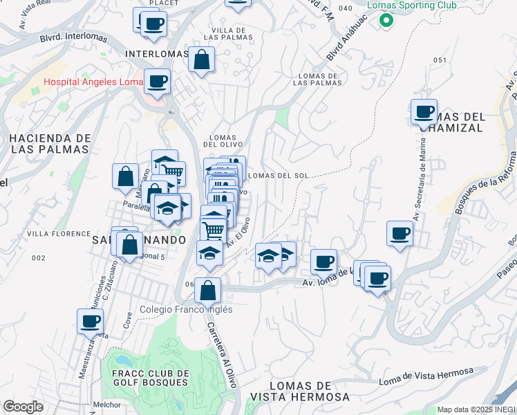 map of restaurants, bars, coffee shops, grocery stores, and more near 9 Privada de los Fresnos in Naucalpan de Juárez