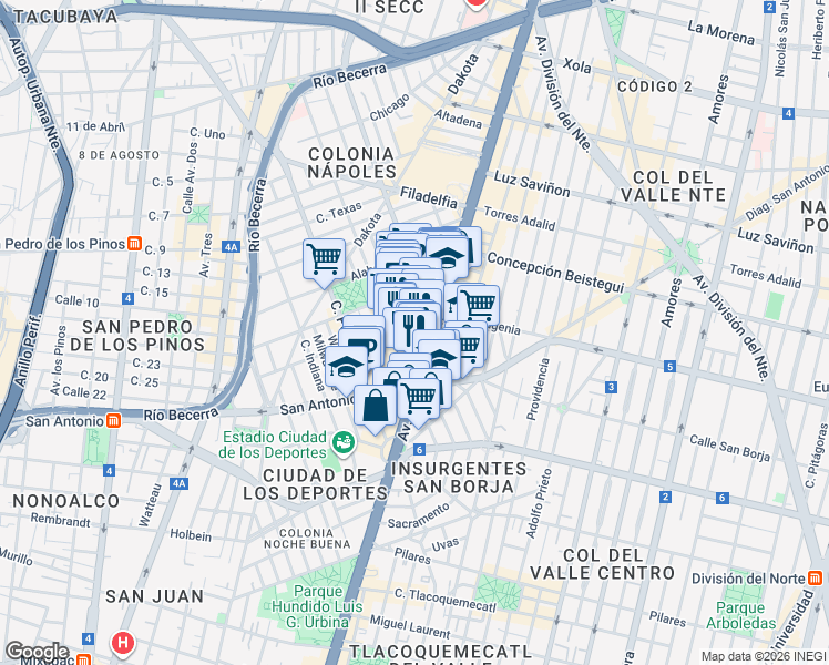 map of restaurants, bars, coffee shops, grocery stores, and more near 863 Avenida Insurgentes Sur in Ciudad de México
