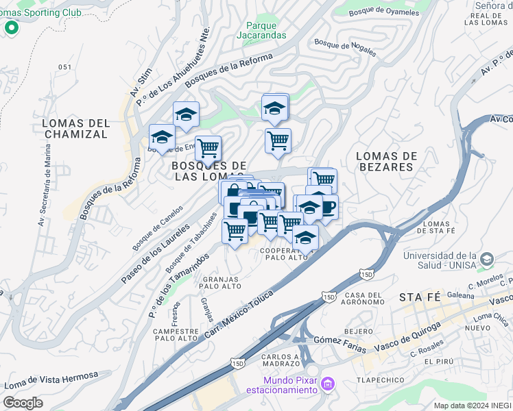 map of restaurants, bars, coffee shops, grocery stores, and more near 60 Paseo de los Tamarindos in Ciudad de México