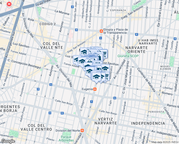 map of restaurants, bars, coffee shops, grocery stores, and more near Calle Pitágoras in Ciudad de México
