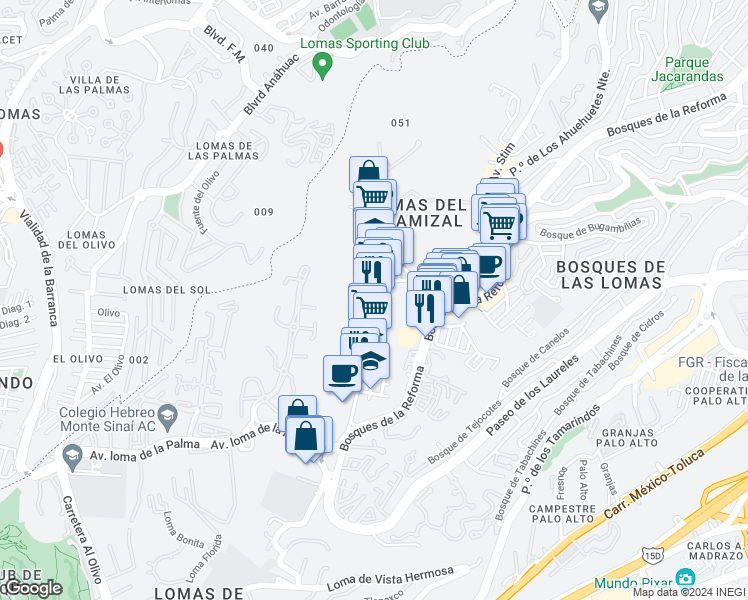 map of restaurants, bars, coffee shops, grocery stores, and more near Avenida Secretaría de Marina in Ciudad de México
