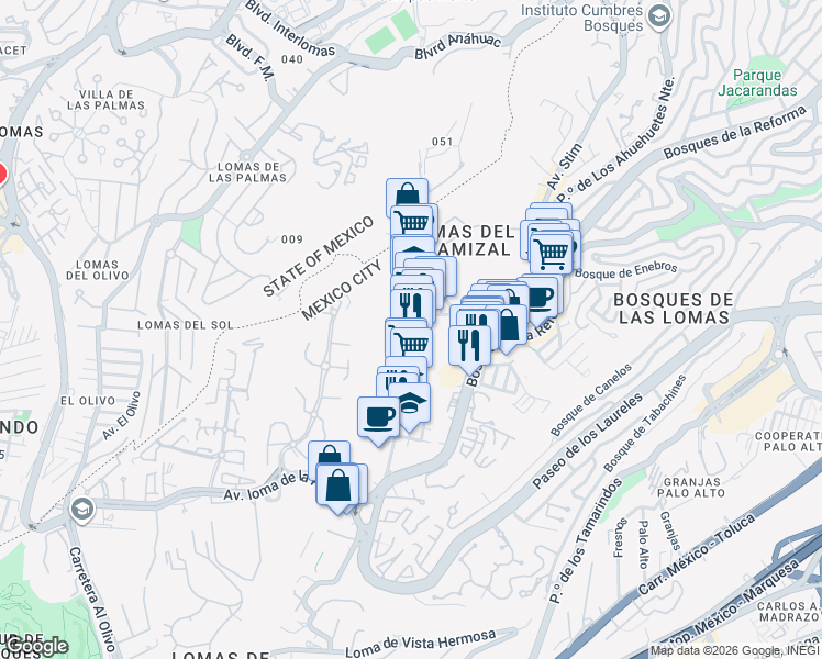 map of restaurants, bars, coffee shops, grocery stores, and more near 510 Avenida Secretaría de Marina in Ciudad de México