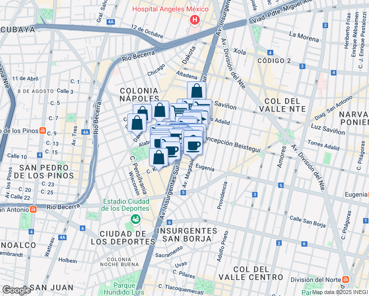 map of restaurants, bars, coffee shops, grocery stores, and more near 810 Avenida Insurgentes Sur in Ciudad de México
