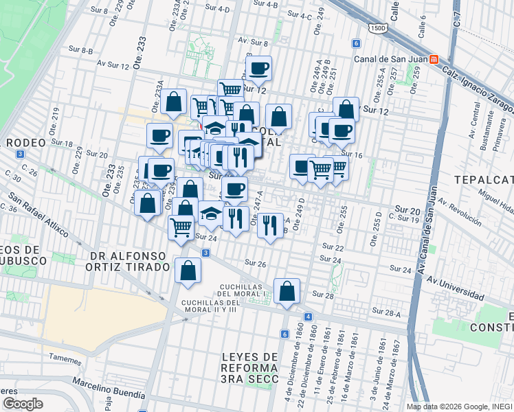 map of restaurants, bars, coffee shops, grocery stores, and more near Oriente 247 in Mexico City