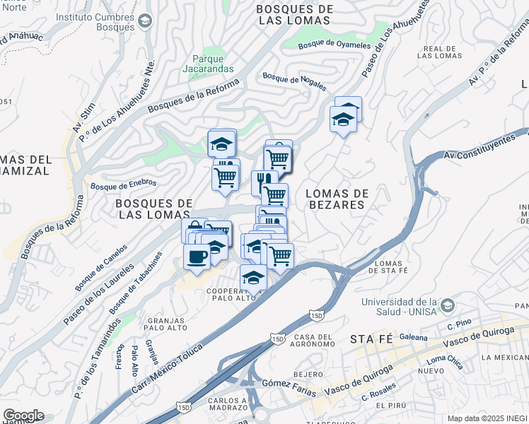 map of restaurants, bars, coffee shops, grocery stores, and more near Calle Paseo de Las Lilas in Ciudad de México