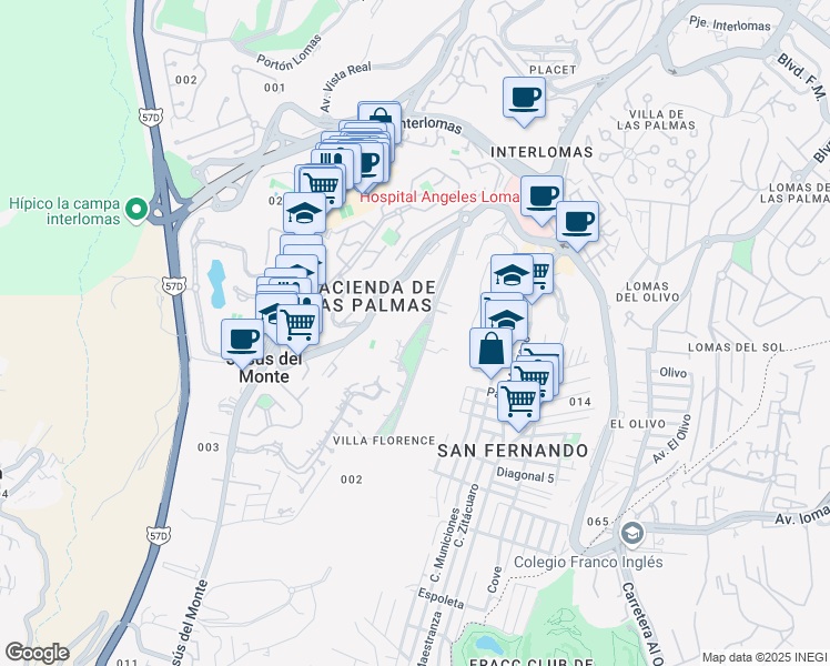map of restaurants, bars, coffee shops, grocery stores, and more near Hacienda el Ciervo in Jesús del Monte