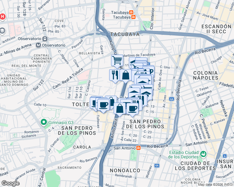 map of restaurants, bars, coffee shops, grocery stores, and more near 428 Anillo Periférico in Ciudad de México