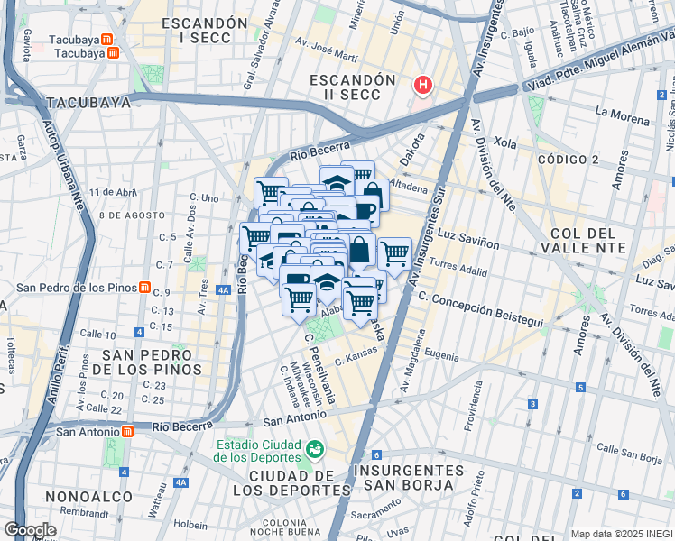 map of restaurants, bars, coffee shops, grocery stores, and more near Dakota in Ciudad de México