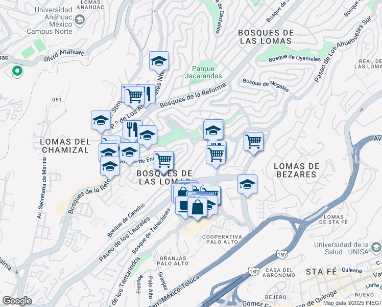 map of restaurants, bars, coffee shops, grocery stores, and more near 1 Bosque de Ocotes in Ciudad de México