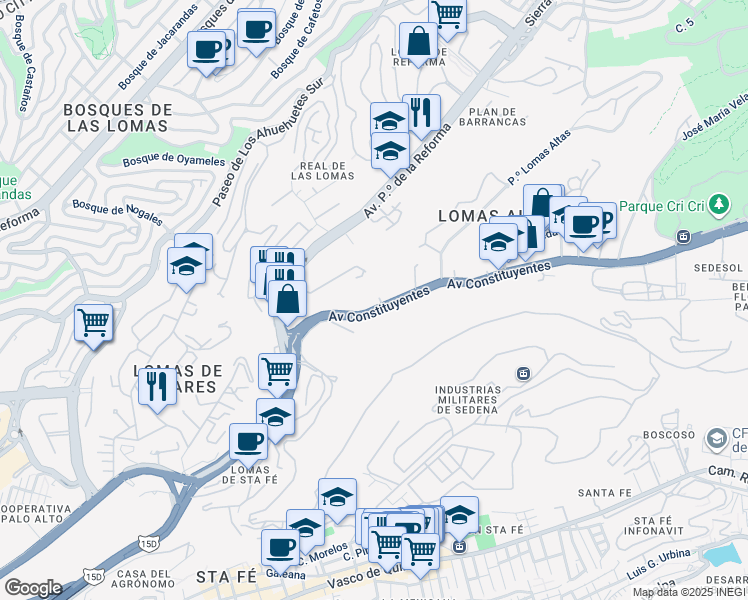 map of restaurants, bars, coffee shops, grocery stores, and more near 1100 Avenida Constituyentes in Ciudad de México