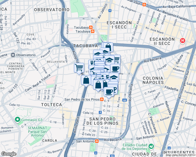 map of restaurants, bars, coffee shops, grocery stores, and more near in Ciudad de México