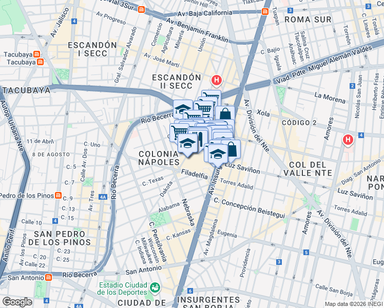 map of restaurants, bars, coffee shops, grocery stores, and more near Dakota in Ciudad de México