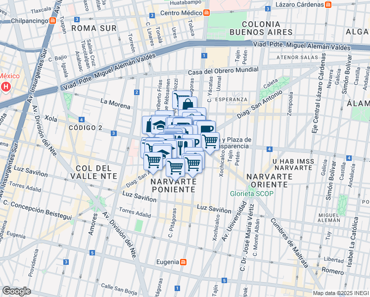 map of restaurants, bars, coffee shops, grocery stores, and more near 1234 Diagonal San Antonio in Ciudad de México