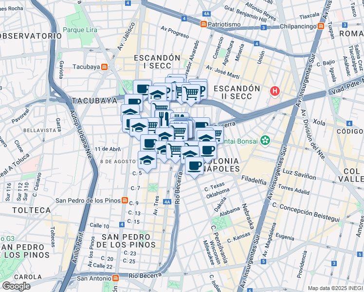 map of restaurants, bars, coffee shops, grocery stores, and more near 221 Avenida Patriotismo in Ciudad de México