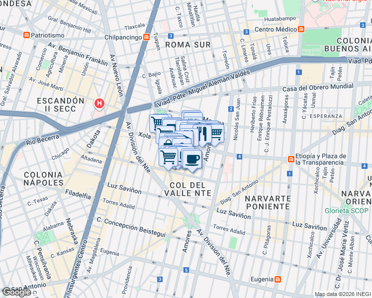map of restaurants, bars, coffee shops, grocery stores, and more near 535 Xola in Ciudad de México