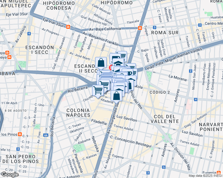map of restaurants, bars, coffee shops, grocery stores, and more near 29 Vermont in Ciudad de México