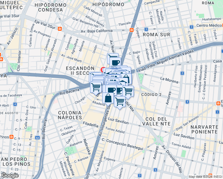 map of restaurants, bars, coffee shops, grocery stores, and more near 601 Avenida Insurgentes Sur in Ciudad de México