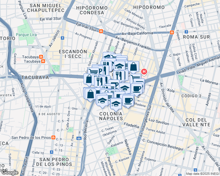 map of restaurants, bars, coffee shops, grocery stores, and more near 145 Minería in Ciudad de México