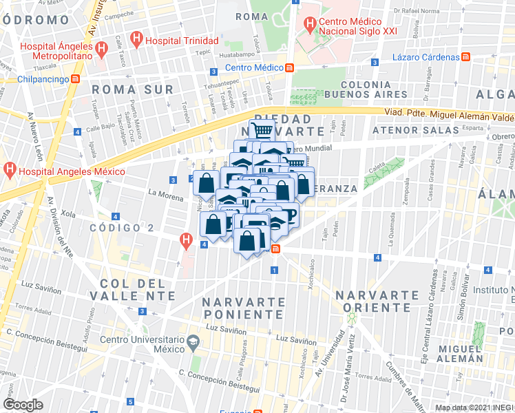 map of restaurants, bars, coffee shops, grocery stores, and more near 804 La Morena in Ciudad de México