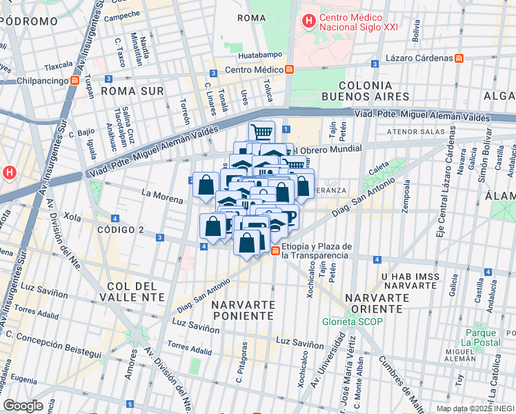 map of restaurants, bars, coffee shops, grocery stores, and more near 804 La Morena in Ciudad de México