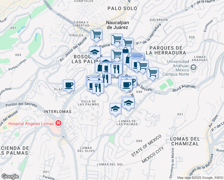 map of restaurants, bars, coffee shops, grocery stores, and more near 8 Boulevard Magnocentro in Naucalpan de Juárez