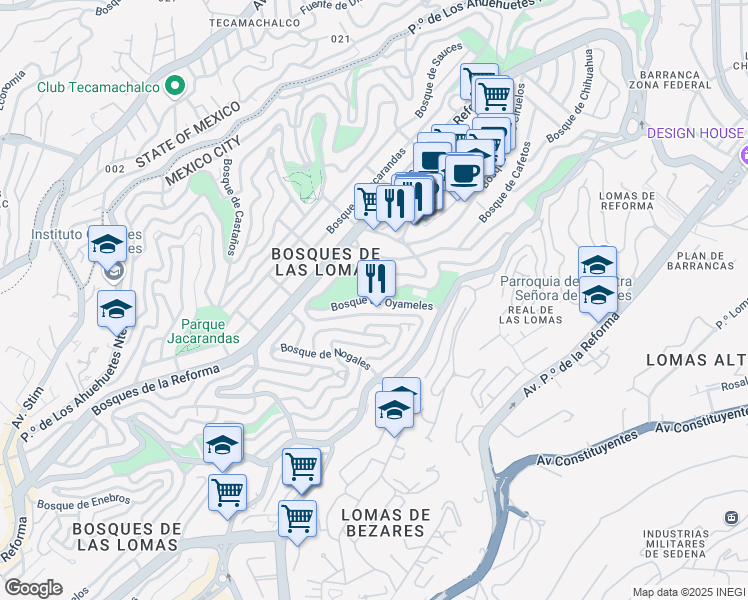 map of restaurants, bars, coffee shops, grocery stores, and more near Bosque de Oyameles in Ciudad de México