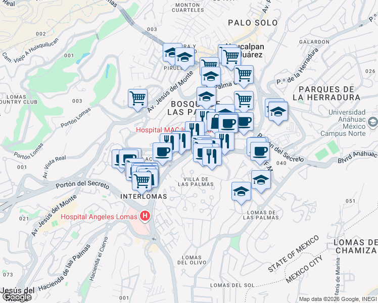 map of restaurants, bars, coffee shops, grocery stores, and more near Interlomas in Naucalpan de Juárez