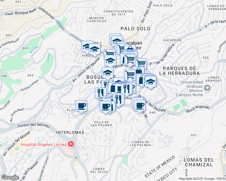 map of restaurants, bars, coffee shops, grocery stores, and more near 5 Via Magna in Ciudad de México