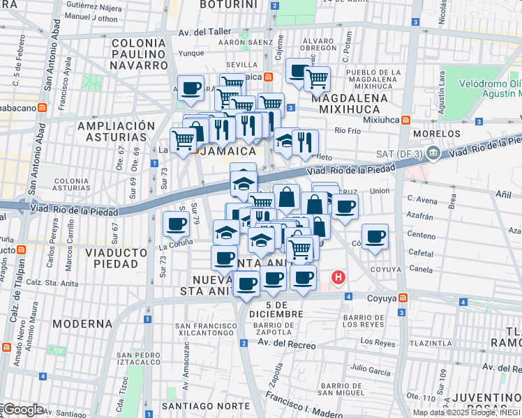 map of restaurants, bars, coffee shops, grocery stores, and more near 93 H.Congreso de la Unión in Ciudad de México