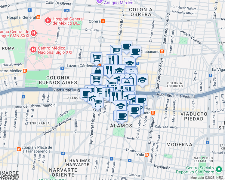 map of restaurants, bars, coffee shops, grocery stores, and more near Simón Bolívar in Ciudad de México