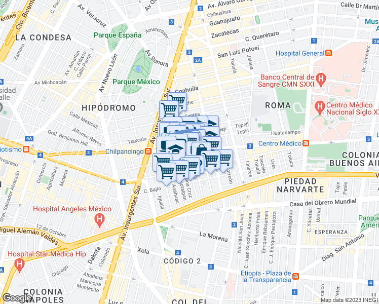 map of restaurants, bars, coffee shops, grocery stores, and more near 123 Calle Manzanillo in Ciudad de México