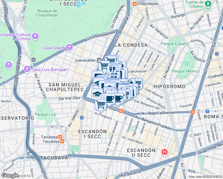 map of restaurants, bars, coffee shops, grocery stores, and more near in Mexico City