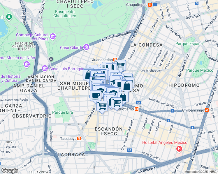 map of restaurants, bars, coffee shops, grocery stores, and more near 1 General Benjamín Hill in Ciudad de México