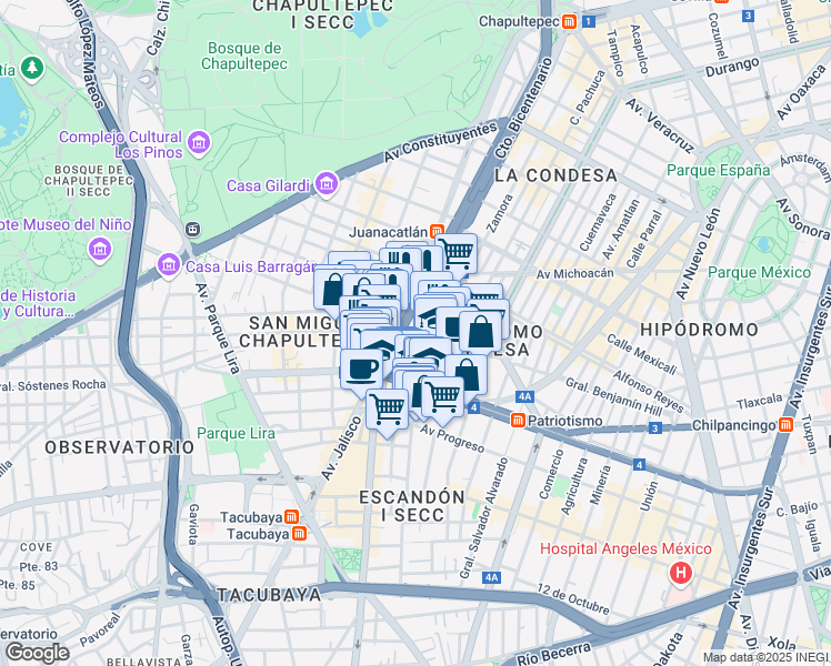 map of restaurants, bars, coffee shops, grocery stores, and more near 1 General Benjamín Hill in Ciudad de México