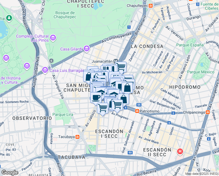 map of restaurants, bars, coffee shops, grocery stores, and more near 1 General Benjamín Hill in Ciudad de México