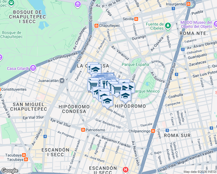 map of restaurants, bars, coffee shops, grocery stores, and more near 91 Calle Atlixco in Ciudad de México