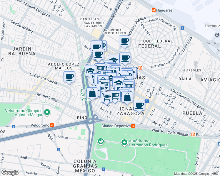 map of restaurants, bars, coffee shops, grocery stores, and more near 87 Avenida 10 in Ciudad de México