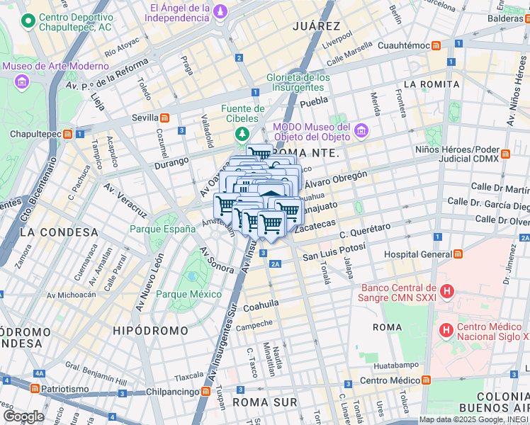 map of restaurants, bars, coffee shops, grocery stores, and more near 280 Avenida Insurgentes Sur in Ciudad de México