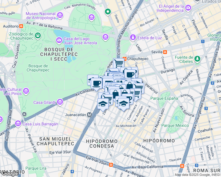 map of restaurants, bars, coffee shops, grocery stores, and more near in Ciudad de México