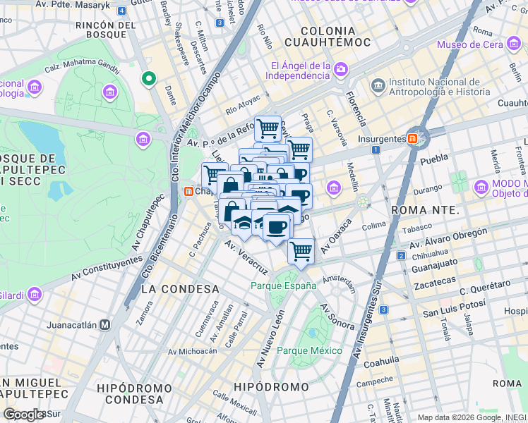 map of restaurants, bars, coffee shops, grocery stores, and more near 46 Avenida Sonora in Ciudad de México
