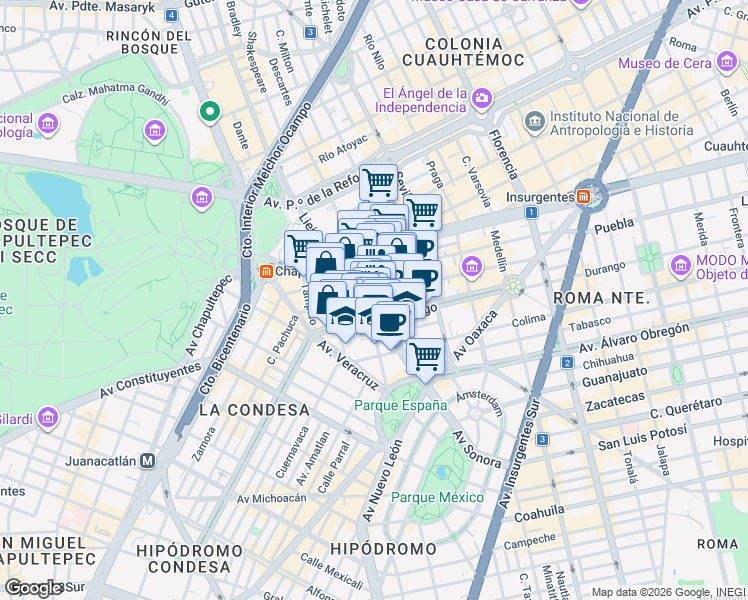 map of restaurants, bars, coffee shops, grocery stores, and more near 46 Avenida Sonora in Ciudad de México