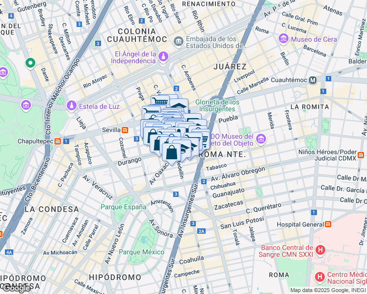 map of restaurants, bars, coffee shops, grocery stores, and more near 1 Plaza Villa de Madrid in Ciudad de México