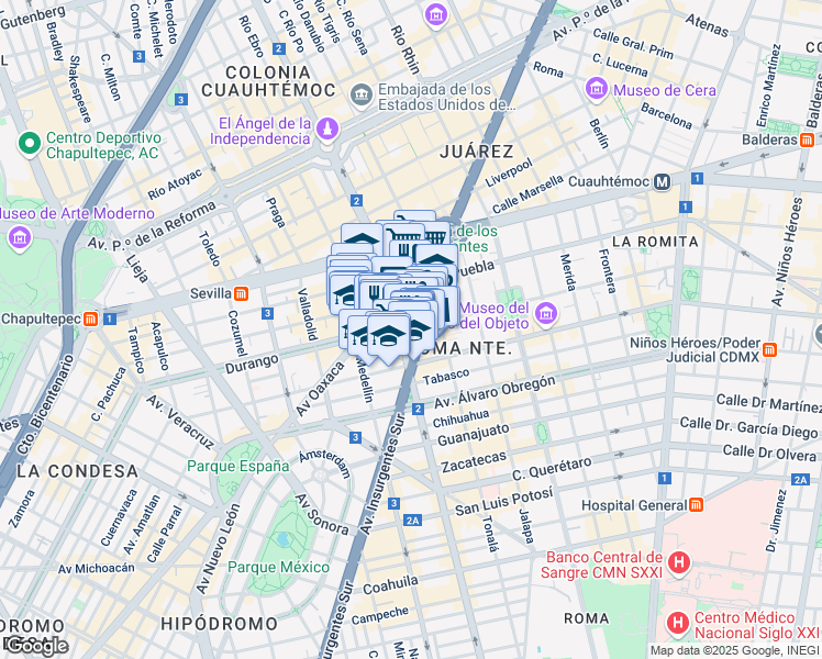 map of restaurants, bars, coffee shops, grocery stores, and more near Calle Durango in Mexico City