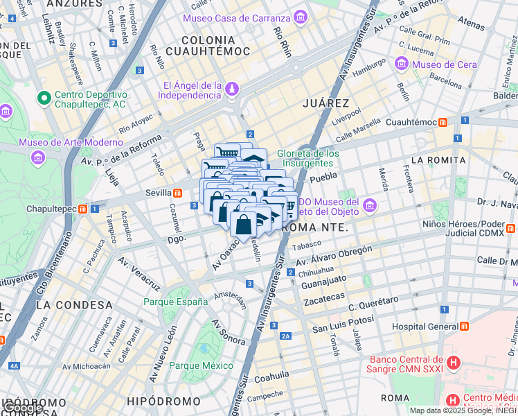 map of restaurants, bars, coffee shops, grocery stores, and more near 1 Plaza Villa de Madrid in Ciudad de México
