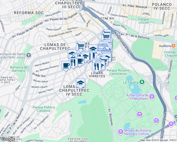 map of restaurants, bars, coffee shops, grocery stores, and more near 160 Aguiar y Seijas in Ciudad de México