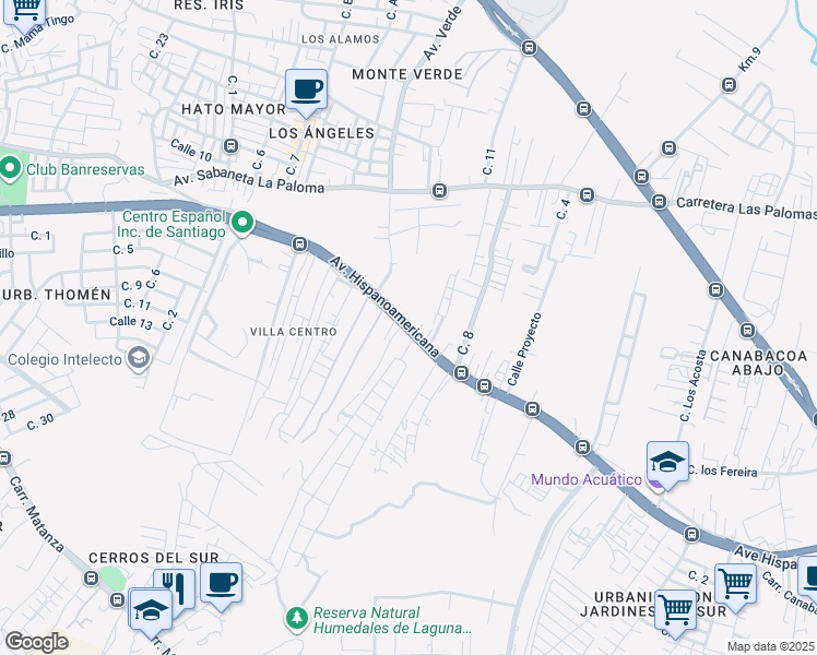 map of restaurants, bars, coffee shops, grocery stores, and more near Av. Hispanoamericana in Santiago De Los Caballeros